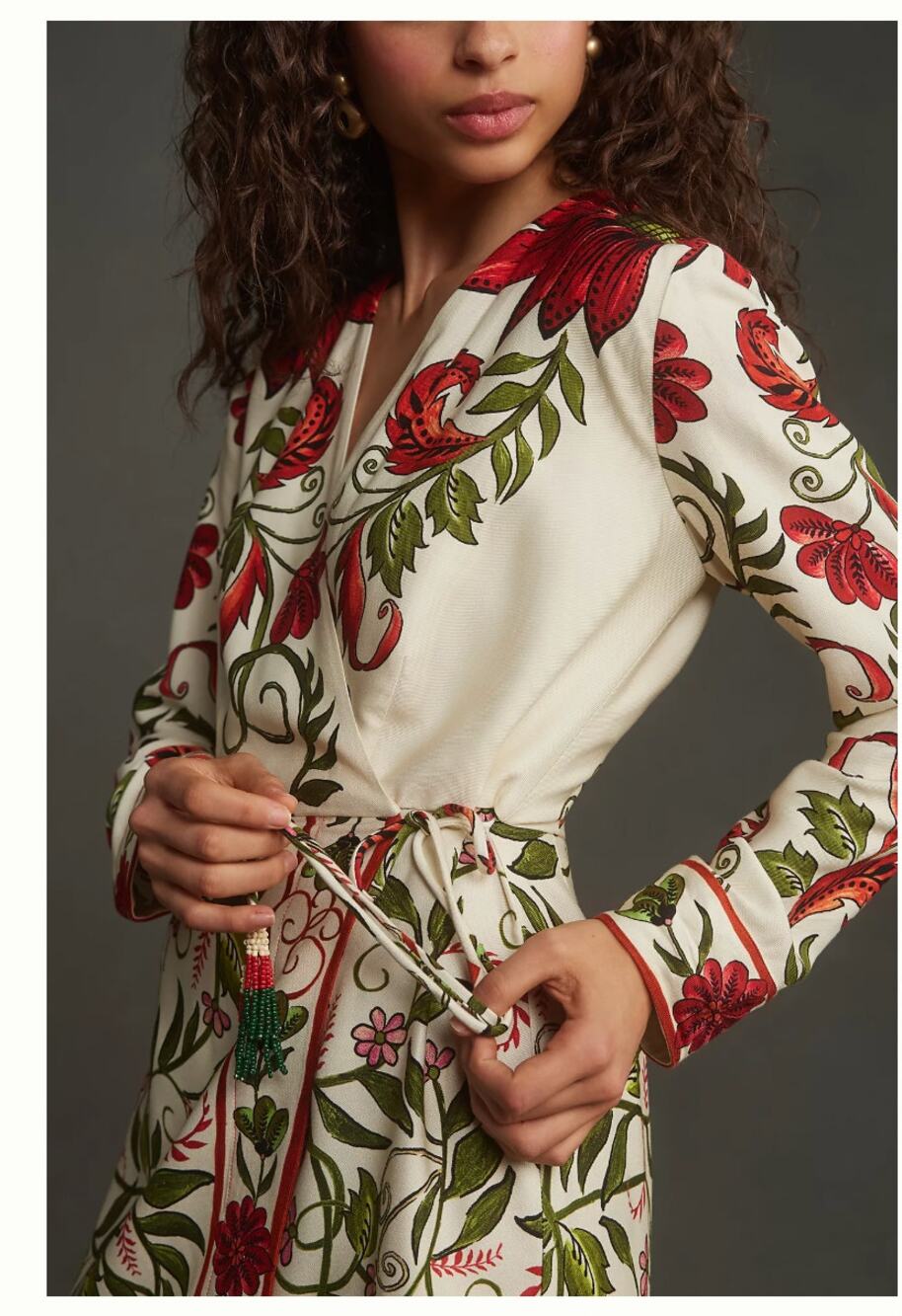 Farm Rio Long-Sleeve Printed Wrap Mini Dress Cream Red Green Floral Belted sz S
